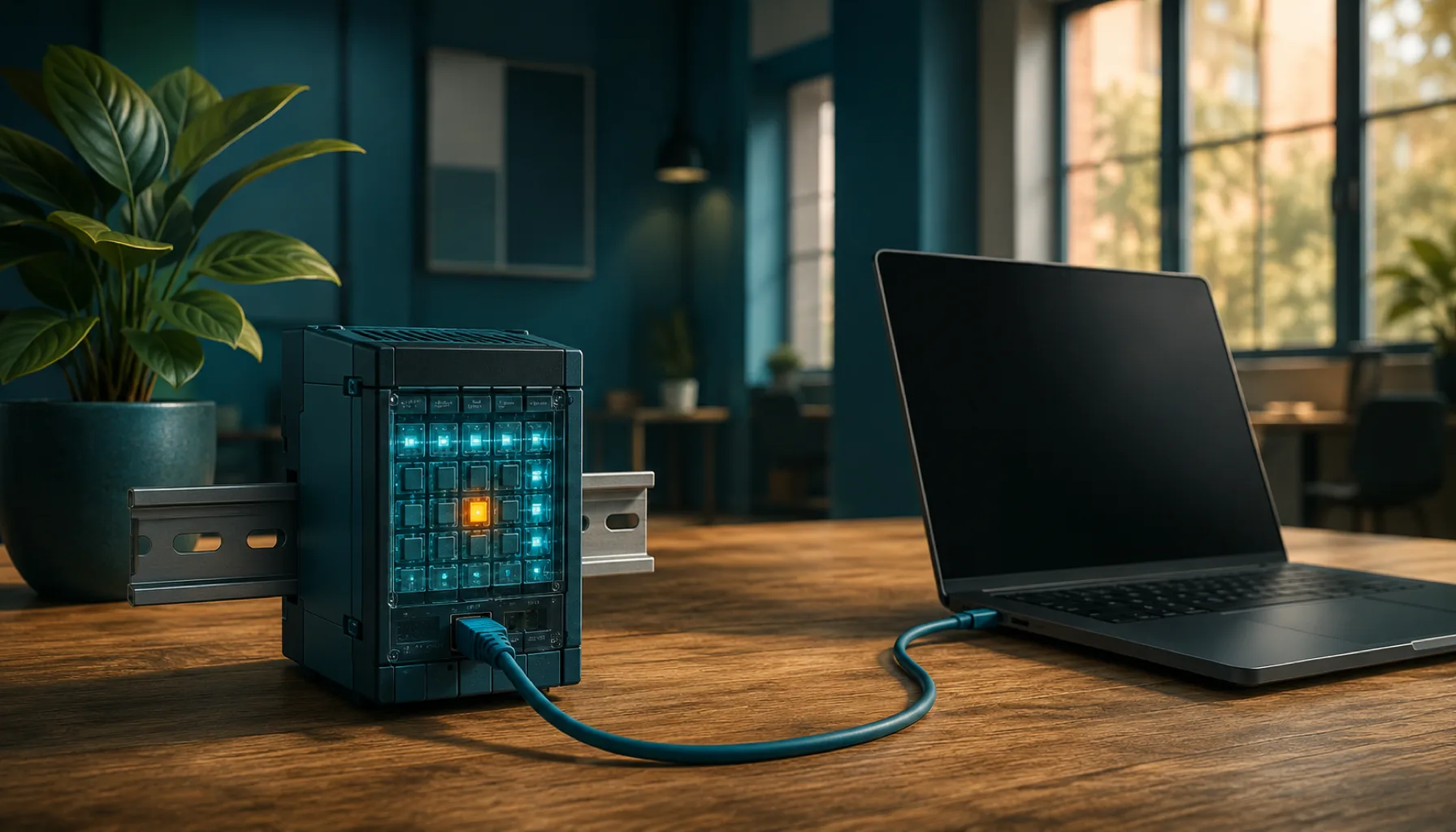 Illustration: Auf einem Holztisch steht ein dunkles Steuerungsmodul in Petrol auf einem kurzen Stück Hutschiene. Seine Front zeigt ein Raster kleiner, türkis leuchtender Speicherzellen, von denen eine einzelne warm orange leuchtet. Ein petrolfarbenes Netzwerkkabel führt vom Modul zu einem aufgeklappten Laptop mit dunklem Display. Links eine Topfpflanze mit breiten Blättern, im Hintergrund ein weich unscharfes Büro mit petrolfarbenen Wänden und großen Fenstern. Sinnbild für den direkten Blick in den Speicher einer Steuerung.