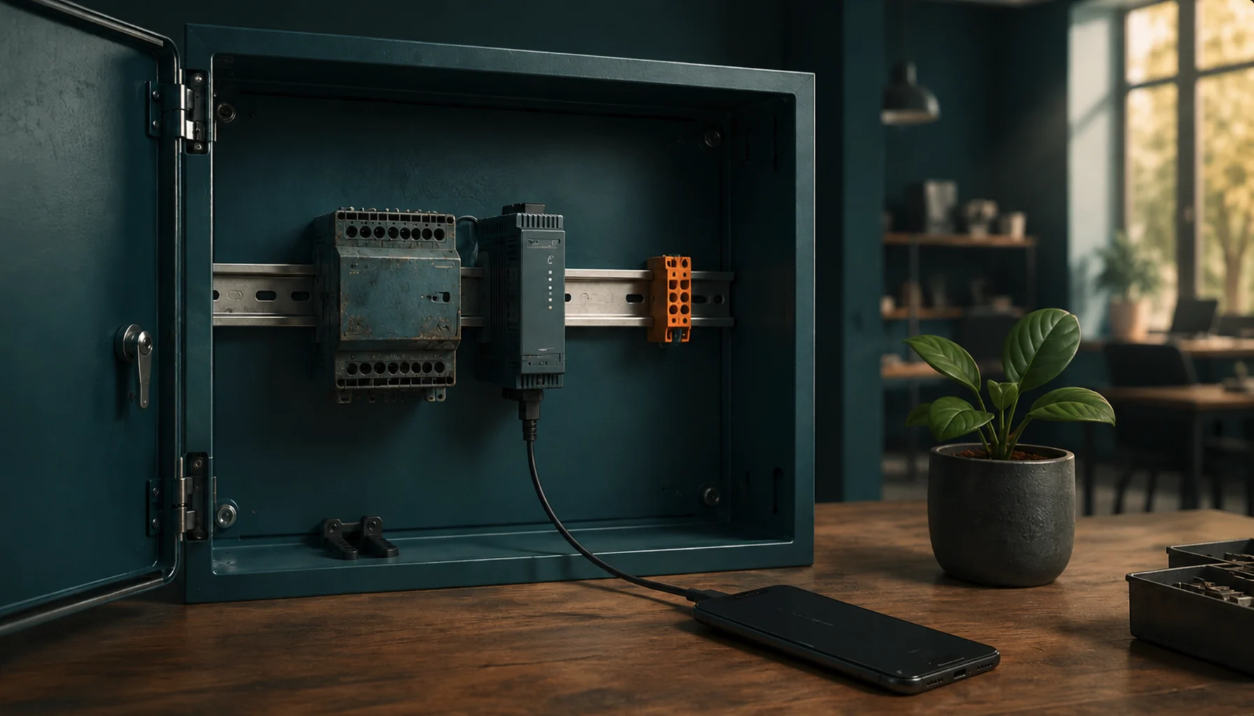 Illustration: Ein geöffneter Schaltschrank in Petrol steht auf einer Werkbank aus Holz. Auf der Hutschiene sitzen zwei Steuerungsmodule nebeneinander, eines alt und verwittert, eines schlank und neu, daneben eine orange Klemme als einziger warmer Akzent. Ein einzelnes Kabel führt vom neuen Modul zu einem Smartphone, das mit dunklem Display vor dem Schrank liegt. Rechts eine Topfpflanze, im Hintergrund ein weich unscharfes Büro. Sinnbild für eine App, die seit fünfzehn Jahren mit derselben Anlage spricht.