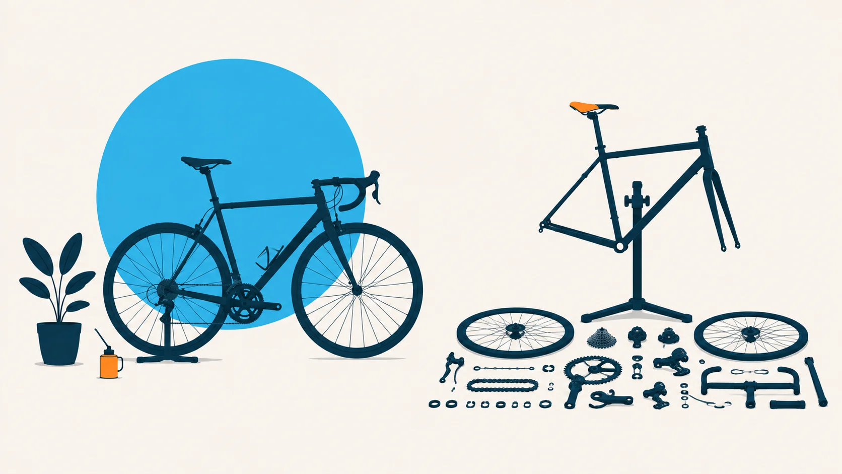 Flache Illustration: Zwei Fahrräder nebeneinander. Links ein vollständig montiertes Rad auf dem Ständer, daneben eine kleine Ölkanne. Rechts nur noch der Rahmen im Montageständer, davor alle Einzelteile ordentlich ausgelegt: Laufräder, Kette, Ritzel, Kurbel und Lenker.