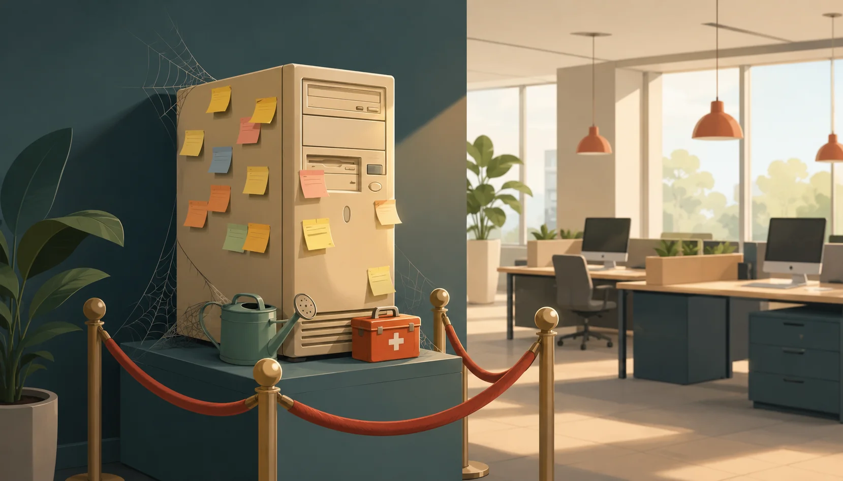 Illustration: Ein alter beiger Computer-Tower steht wie ein Museumsstück auf einem Sockel hinter einer roten Absperrkordel, beklebt mit bunten Notizzetteln, daneben eine Gießkanne und ein Verbandskasten. Im Hintergrund ein modernes, leeres Büro. Sinnbild für ein Altsystem, das niemand mehr anfassen will.