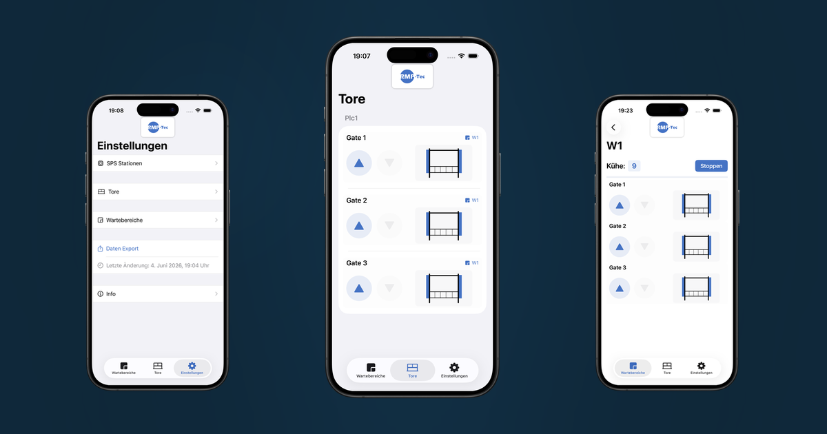 Lift Gate Control App - drei Screens: Einstellungen, Tore und Zählmodus