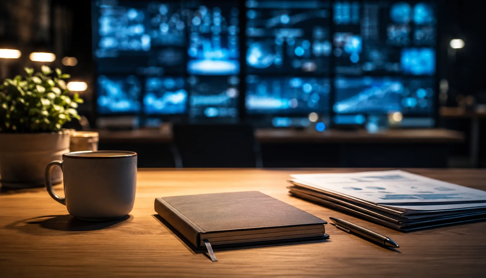 Aufgeräumter Schreibtisch mit Notizbuch, Tasse und Unterlagen im warmen Licht, im unscharfen Hintergrund eine Wand aus blau leuchtenden Datenbildschirmen. Sinnbild für Ordnung im Vordergrund und KI-Hype im Hintergrund.