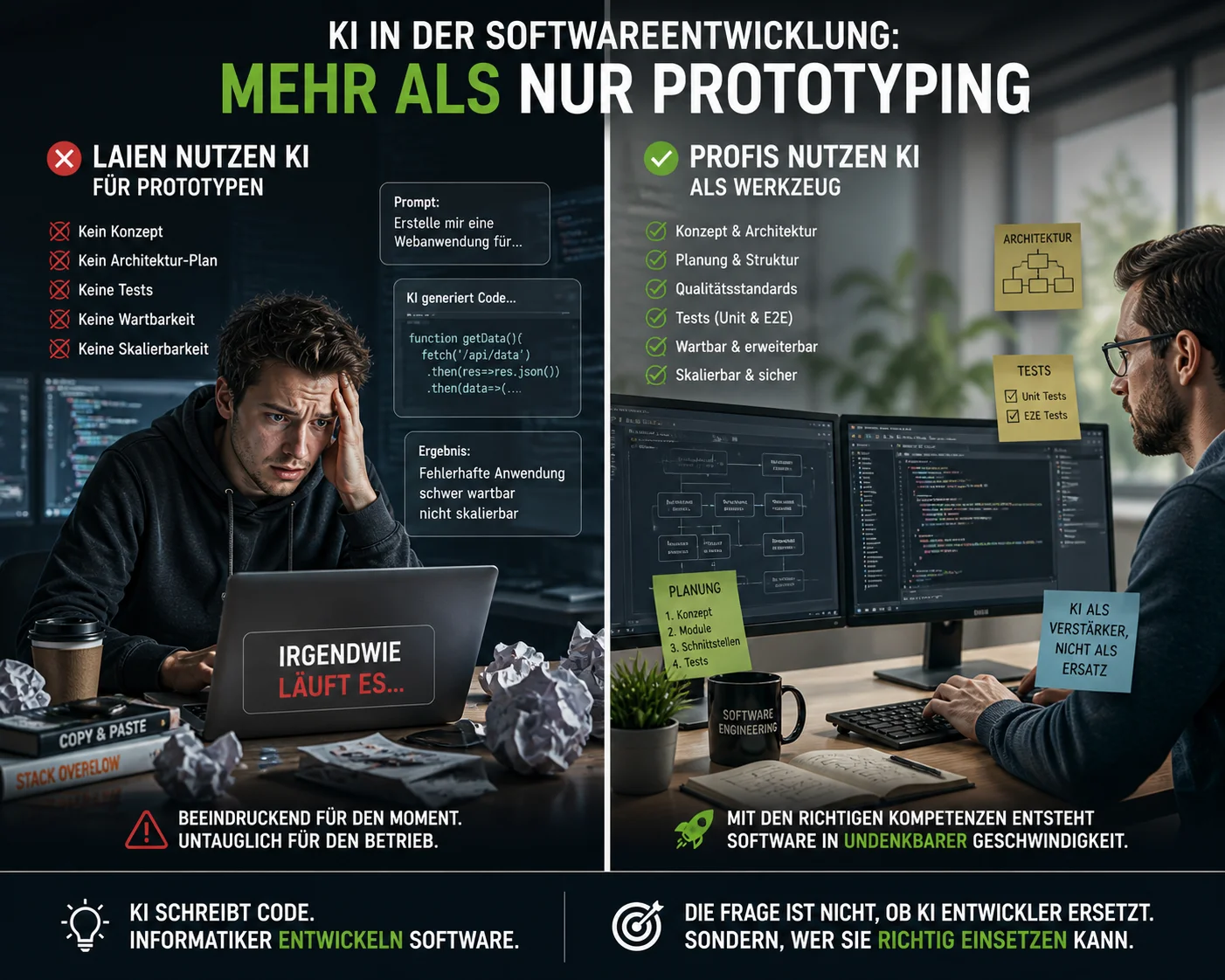 KI in der Softwareentwicklung — der Unterschied zwischen Laien-Prototypen und professioneller Software