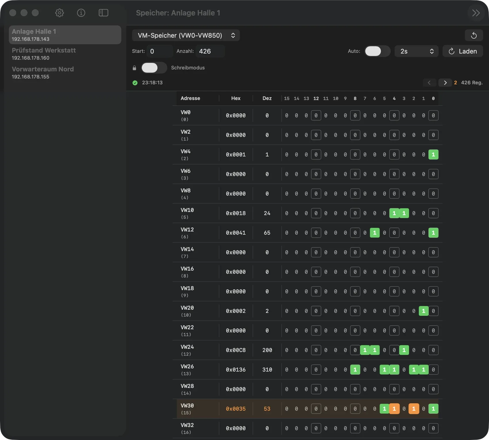 PLC-Inspector auf dem Mac: links die Liste der gespeicherten SPS-Stationen mit Name und Adresse, rechts die Registertabelle des VM-Speichers mit Adresse, Hex-Wert, Dezimalwert und den sechzehn einzelnen Bits je Register. Die Zeile VW30 ist orange hinterlegt, weil sich ihr Wert gerade geändert hat, gesetzte Bits sind grün markiert.