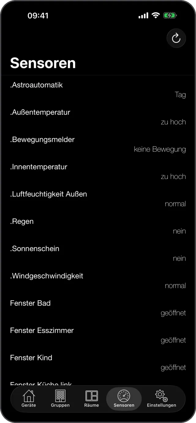 Neon Home Sensorübersicht mit Astroautomatik, Außentemperatur, Bewegungsmelder, Regen, Wind und Fensterkontakten