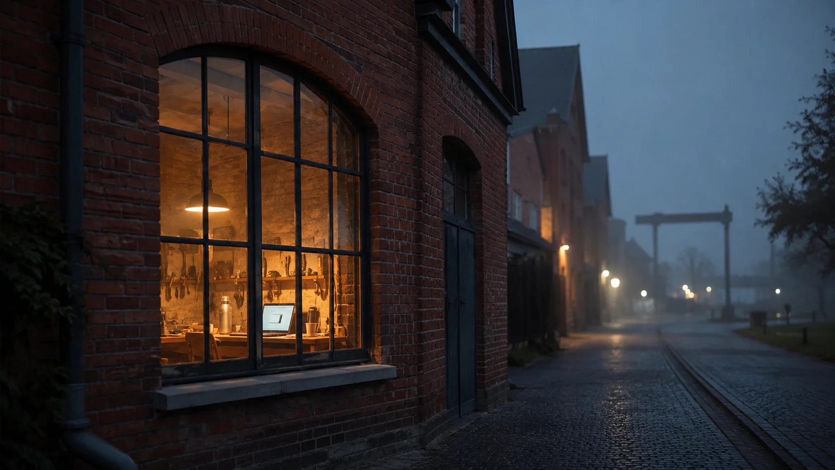 Beleuchtetes Werkstattfenster in der Abenddämmerung mit Werkzeug, Laptop und Thermoskanne als Symbol für einen erreichbaren IT-Partner