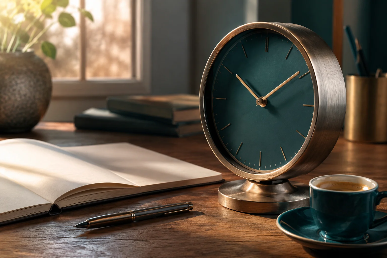 Elegante analoge Tischuhr auf einem aufgeräumten Schreibtisch in warmem Licht – Symbol für bewusste Steuerung mit Zeit