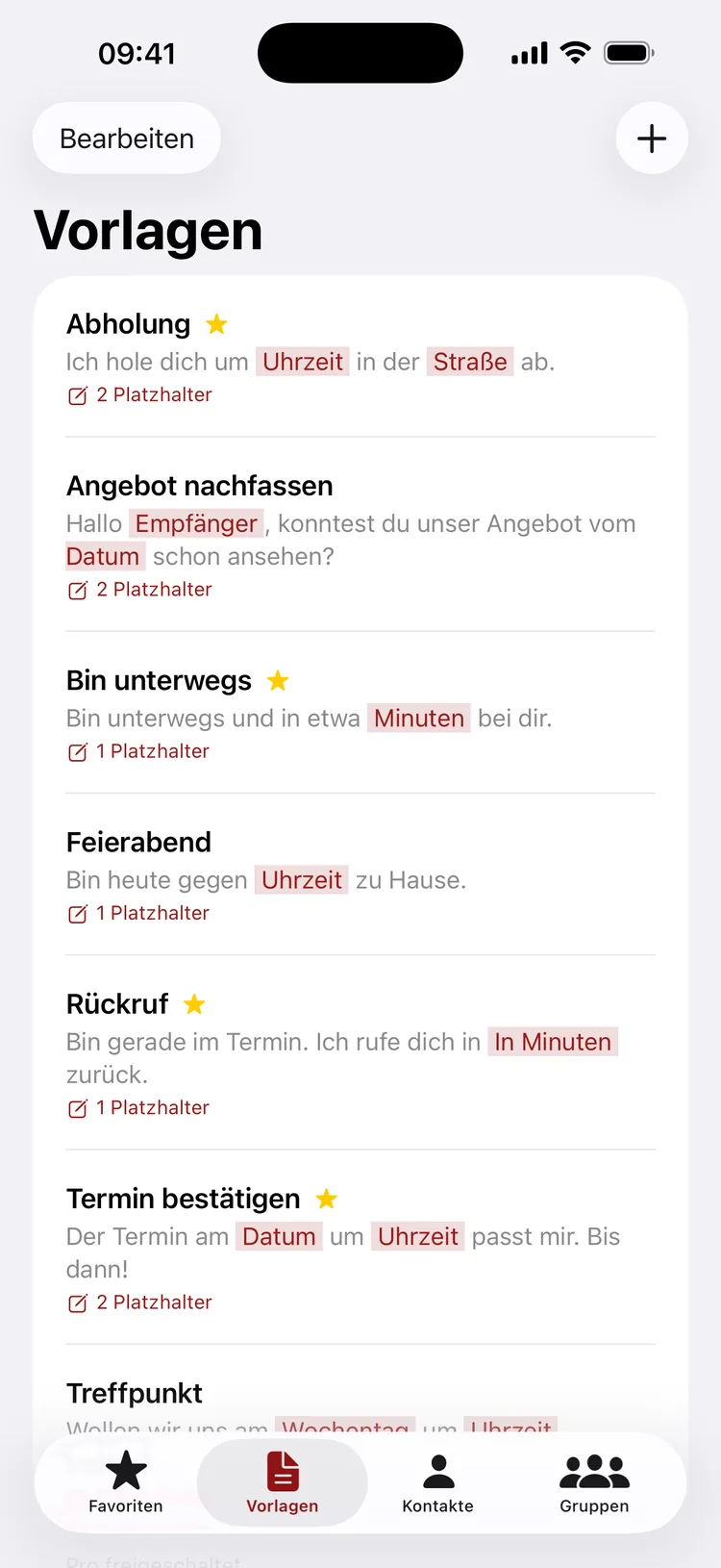 Tell&Reply Vorlagenliste mit farbig hervorgehobenen Platzhaltern