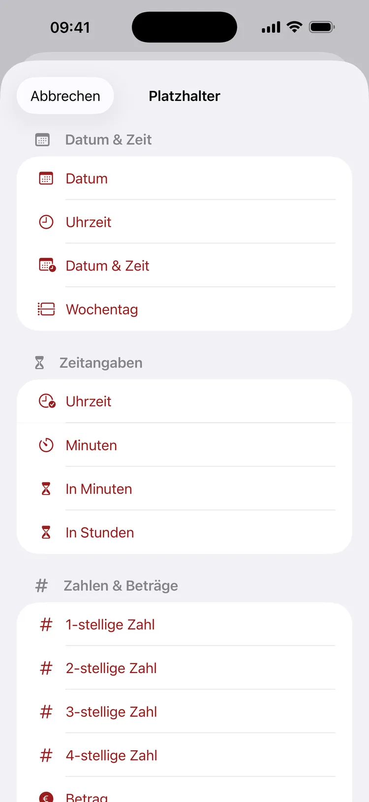 Tell&Reply Platzhalter-Katalog nach Kategorien