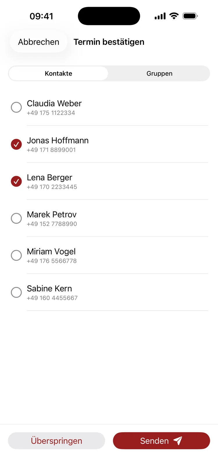 Tell&Reply Empfängerauswahl mit aktivem Senden-Knopf